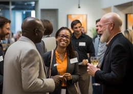 A group of business executives networking and socializing at a networking event, cheering with glasses of wine. Business professionals communicating at convention center.