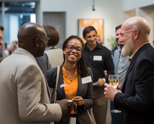 A group of business executives networking and socializing at a networking event, cheering with glasses of wine. Business professionals communicating at convention center.