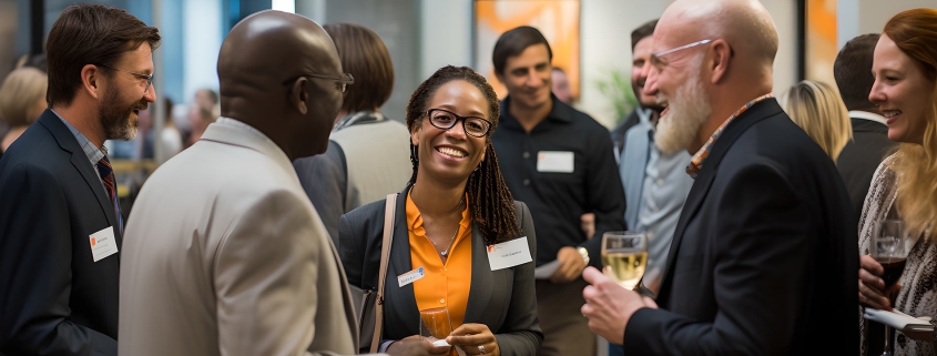 A group of business executives networking and socializing at a networking event, cheering with glasses of wine. Business professionals communicating at convention center.