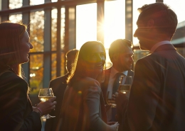 Delegates networking at an event drinks reception, group of business people talking at networking event sharing.