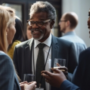 Diverse people mingling at an event talking business connection.