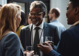 Diverse people mingling at an event talking business connection.